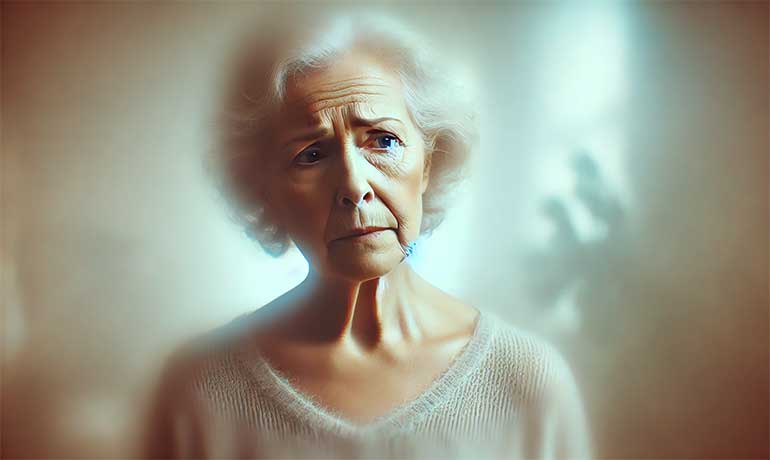 a confused elderly woman in a hazy environment, evoking the emotional weight and disorientation often experienced by dementia patients in Memory Care