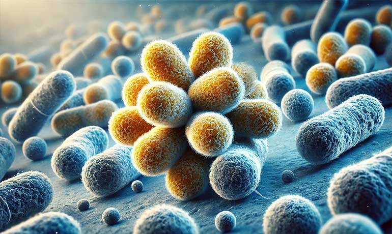 hyper-realistic image of Methicillin-resistant Staphylococcus aureus (MRSA) and carbapenem-resistant Enterobacteriaceae (CRE), designed to closely resemble what they would look like under an actual microscope. The golden spherical clusters of MRSA and the rod-shaped CRE bacteria are depicted with textured surfaces and a blueish filter to mimic a real laboratory view